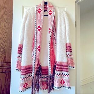 MaxSport Open Front Cardigan Fuzzy Western Tribal Aztec Boho Ivory Orange M
